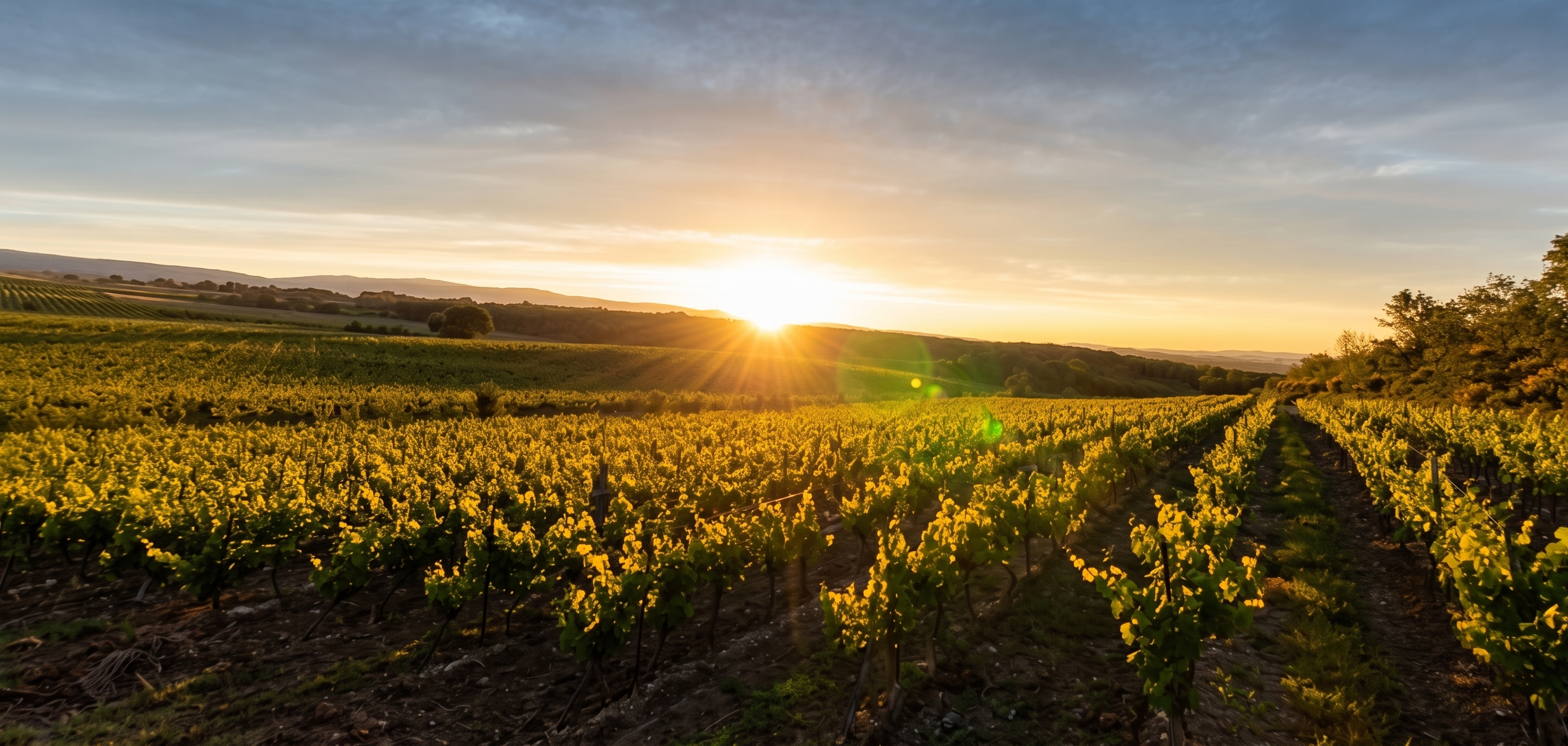 Les parcelles du vignoble au coucher de soleil